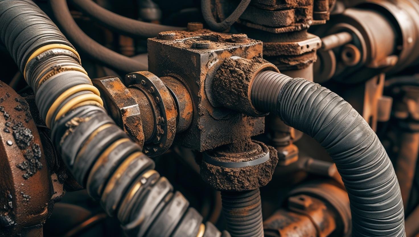 Que se muestren varios componentes en un sistema hidráulico, que se vea que tienen un poco de desgaste y falta de mantenimiento, que se vean las mangueras y conexiones hidráulicas