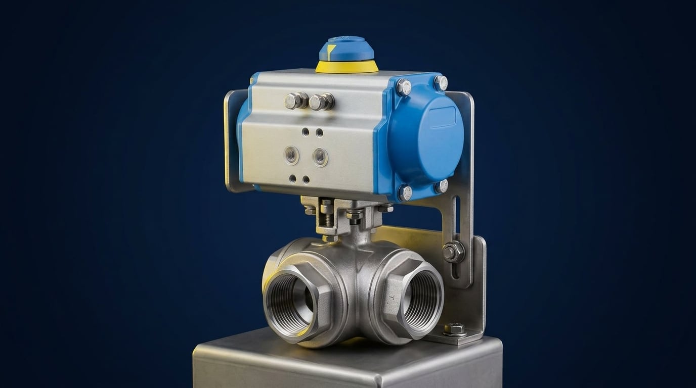 Válvula de 3 vías automatizada con actuador neumático rotativo